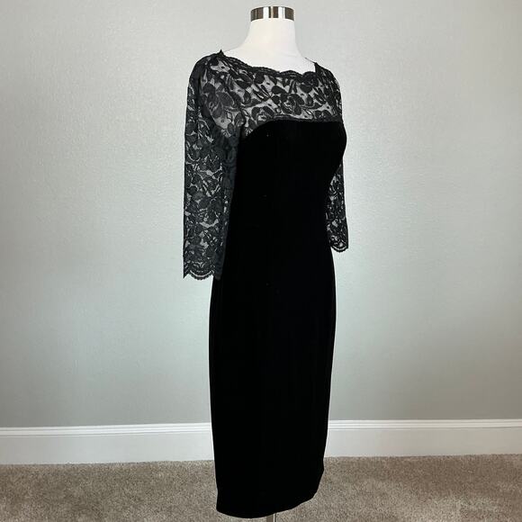 Eliza J Velvet and Lace Midi Sheath Cocktail Dress Size 6 Black 3/4 Long Sleeve - Picture 3 of 13